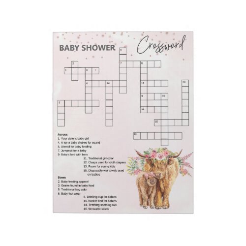 Baby Shower Pink Highland cow Game Crossword    Notepad