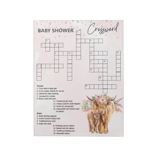 Baby Shower Pink Highland cow Game Crossword    Notepad (Rotated)