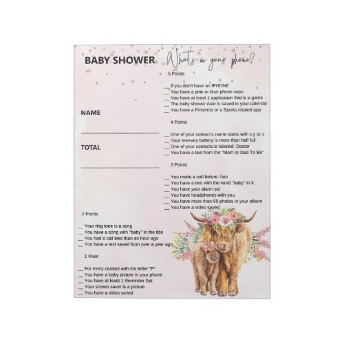 Baby Shower Pink Highland Cow Game Whats In Phone Notepad