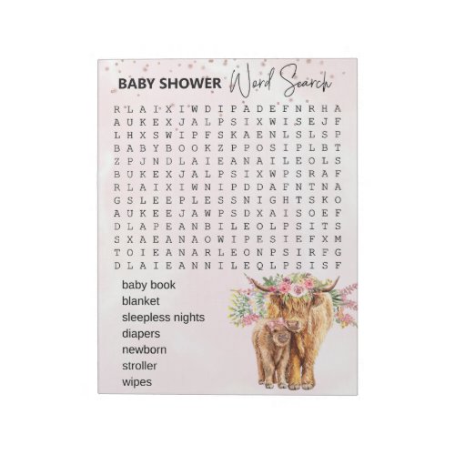 Baby Shower Pink Highland cow Game Word Search  Notepad