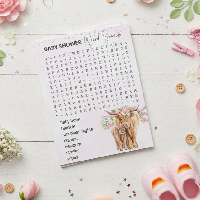 Baby Shower Pink Highland cow Game Word Search  Notepad (Creator Uploaded)