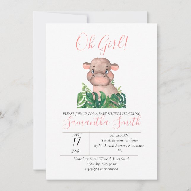 Baby Shower Pink Hippo Jungle Watercolor Invitation (Front)