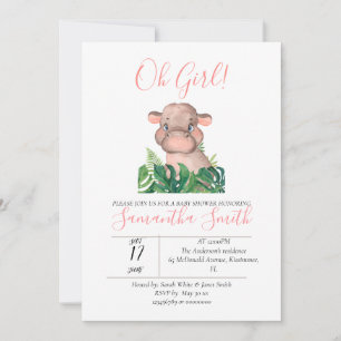 Baby Shower Pink Hippo Jungle Watercolor Invitation