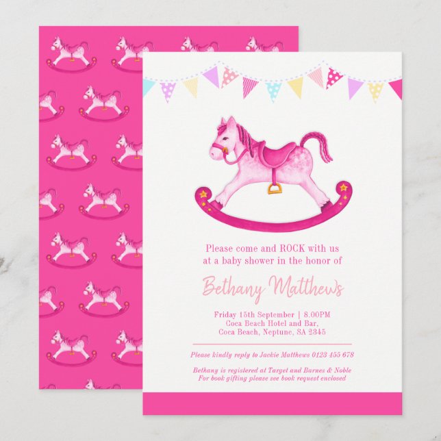 Baby shower pink hobby horse buntings invitations (Front/Back)