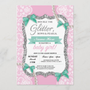 Baby Shower Pink Lace Glitter Bow Girl Mom Invite