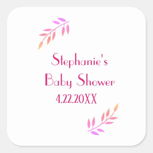 Baby Shower Pink Leaf Pattern Girls Girly Cute Square Sticker
