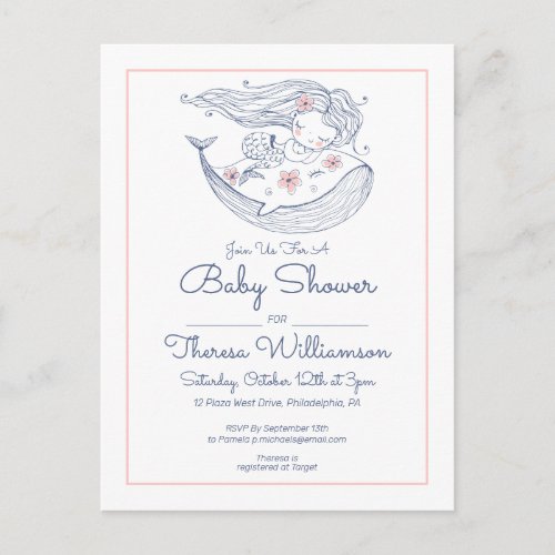 Baby Shower  Pink Little Girl Mermaid Invitation Postcard