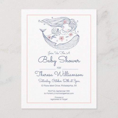 Baby Shower  Pink Little Girl Mermaid Postcard