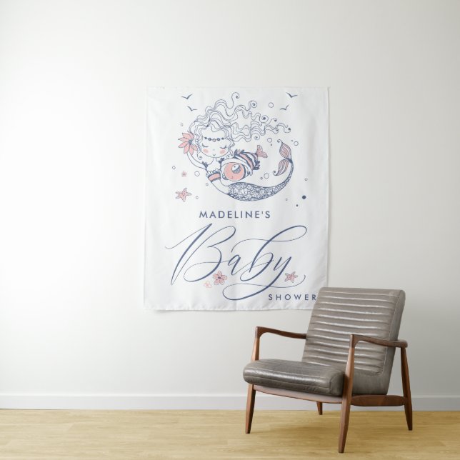 Baby Shower | Pink Little Girl Mermaid Tapestry (In Situ)