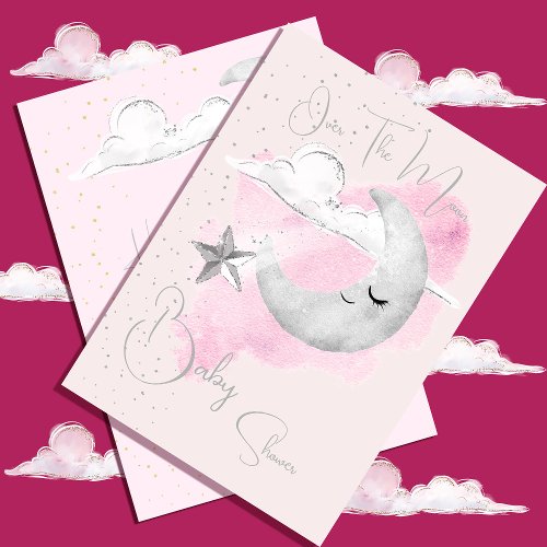 Baby Shower Pink Over The Moon Watercolor Invitation