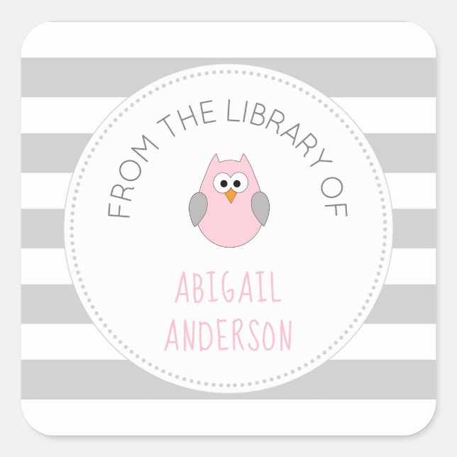 Baby Shower pink owl BOOK sticker, bookplate (Front)