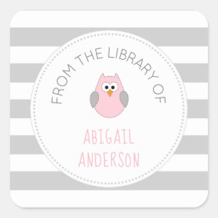 Baby Shower pink owl BOOK sticker, bookplate