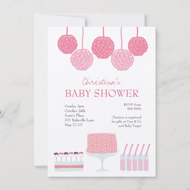 Baby Shower Pink Party Ruffle Cake Pom Poms Invite (Front)