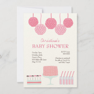 Baby Shower Pink Party Ruffle Cake Pom Poms Invite