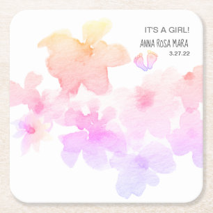 *~* Baby Shower Pink Peach Floral Watercolor Feet Square Paper Coaster