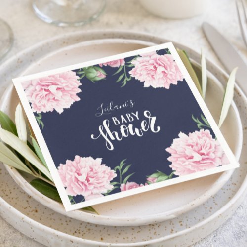 Baby Shower Pink Peony Floral Navy Blue  Napkins