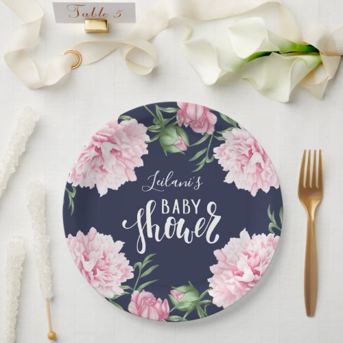 Baby Shower Pink Peony Floral Navy Blue Paper Plates