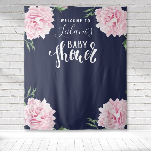 Baby Shower Pink Peony Navy Blue Welcome Tapestry