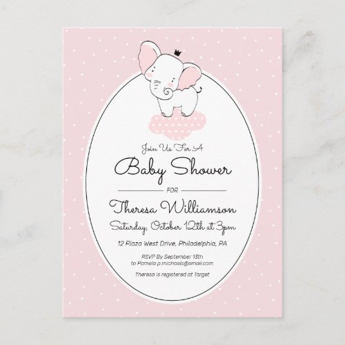 BABY SHOWER  Pink Polka Dot Elephant Invitation P Postcard