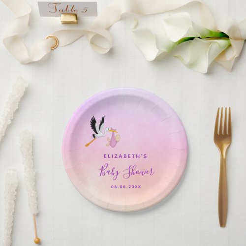 Baby shower pink purple rose gold stork girl paper plates