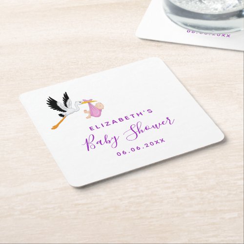 Baby shower pink purple white stork square paper coaster