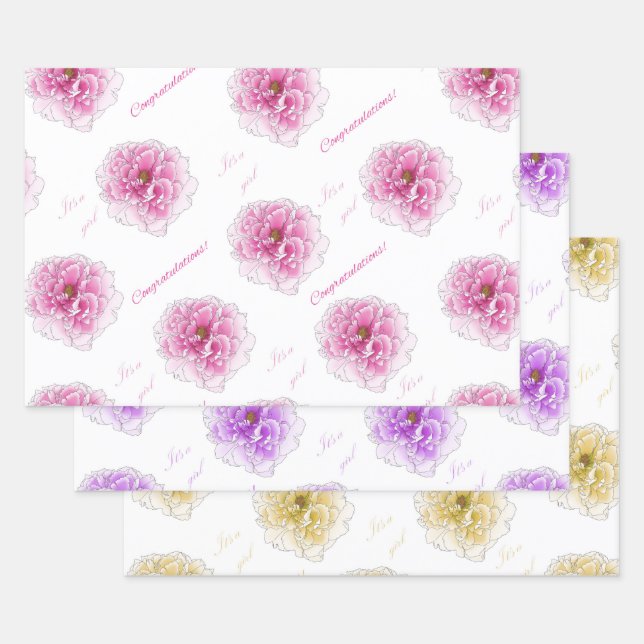 Baby Shower Pink Purple Yellow Flowers  Wrapping Paper Sheets (Set)