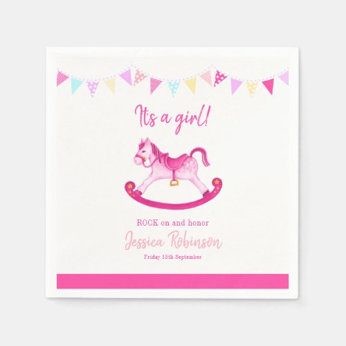 Baby shower pink rocking hobby horse custom name napkins