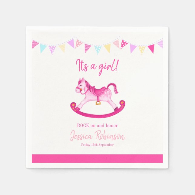 Baby shower pink rocking hobby horse custom name napkins (Front)