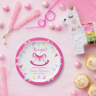 Baby shower pink rocking hobby horse custom name paper plates