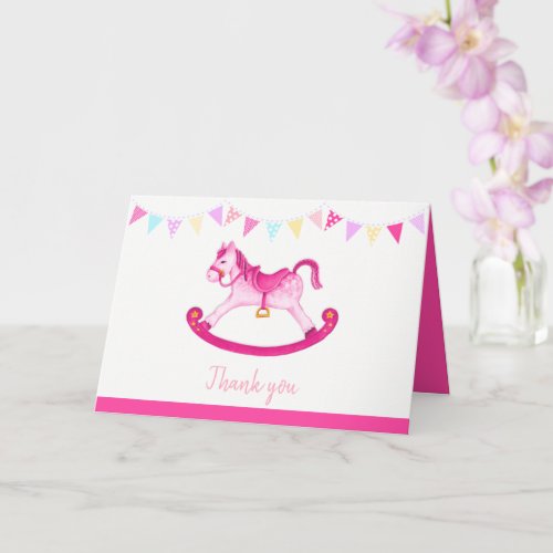 Baby shower pink rocking horse watercolor art card