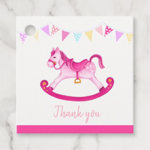 Baby shower pink rocking horse watercolor art favor tags