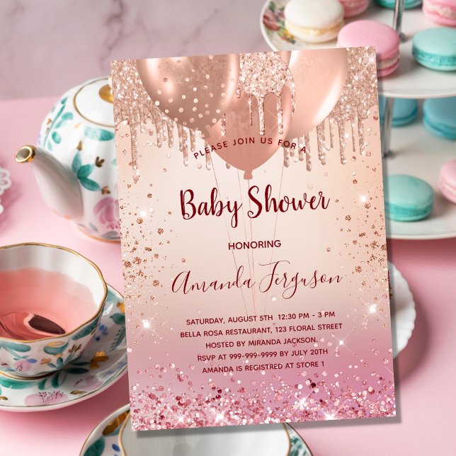 Baby Shower pink rose gold balloons girl Invitation
