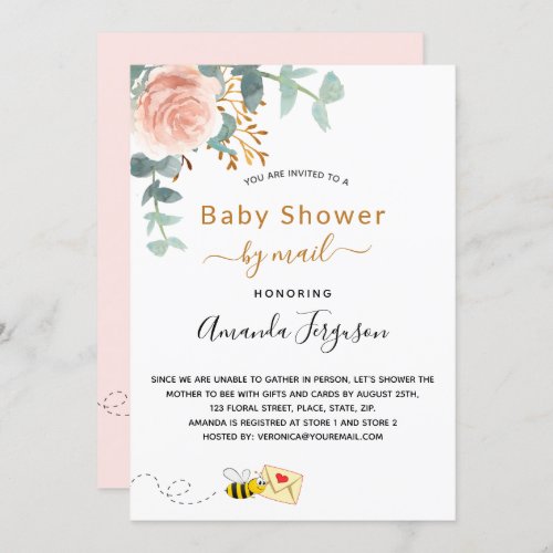 Baby Shower pink rose gold floral cute bee by mail Invitation