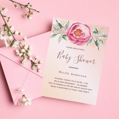 Baby shower pink rose gold florals glitter invitation