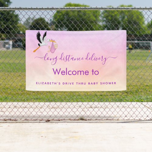 Baby shower pink rose gold girl stork drive thru banner