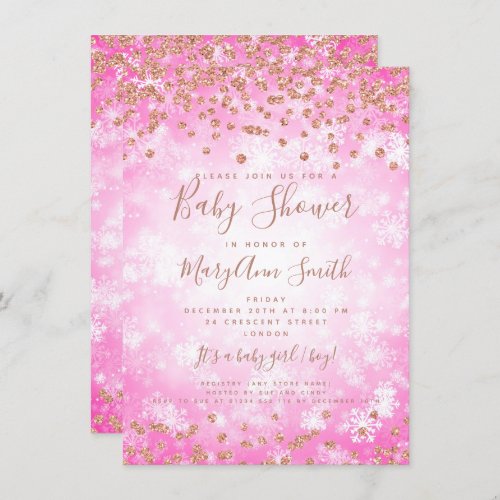 Baby Shower Pink Rose Gold Glitter Winter Wonder Invitation