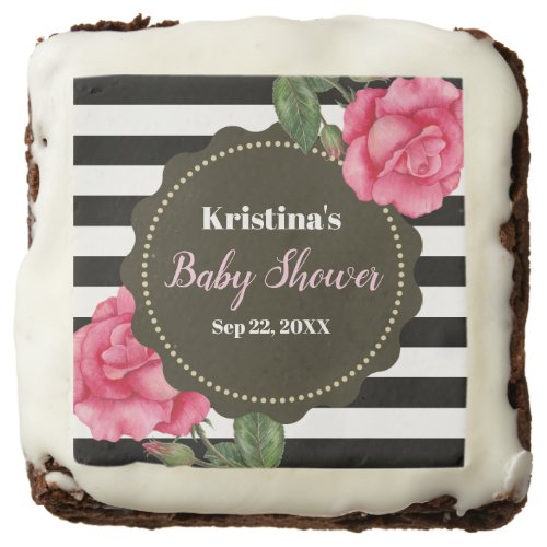 Baby Shower Pink Roses Black White Stripes Pattern Brownie