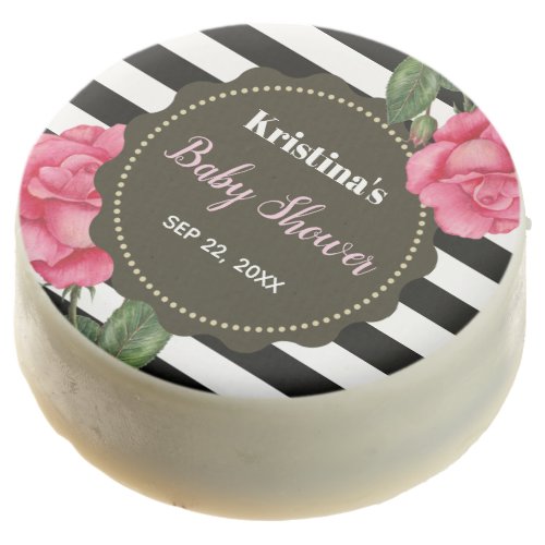 Baby Shower Pink Roses Black White Stripes Pattern Chocolate Covered Oreo