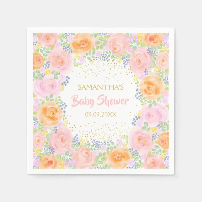 Baby Shower Pink Roses Watercolor Floral Girly Napkins (Front)