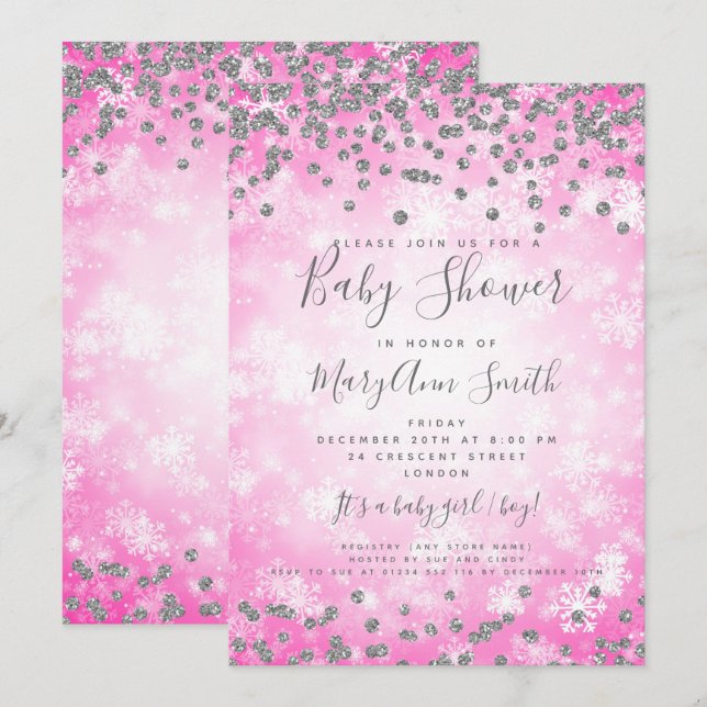 Baby Shower Pink Silver Glitter Winter Wonderland Invitation (Front/Back)