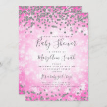 Baby Shower Pink Silver Glitter Winter Wonderland Invitation