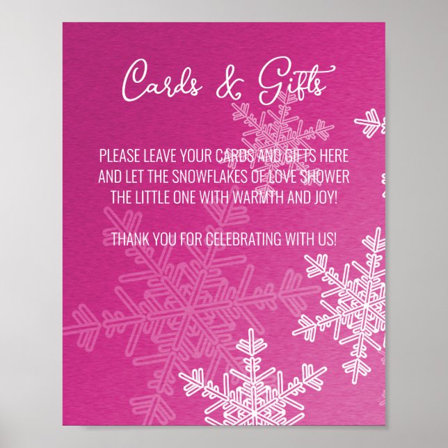Baby Shower Pink Snowflakes Cards and Gifts Sign (Front)