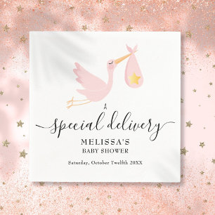 Baby Shower Pink Special Delivery Stork Gold Star Napkins