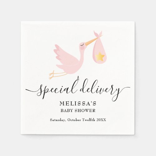 Baby Shower Pink Special Delivery Stork Gold Star Napkins