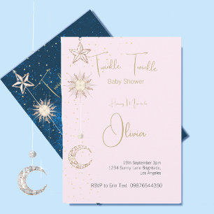 Baby Shower Pink Stars Moon Twinkle  Invitation