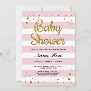 Baby Shower Pink Stripe Gold Glitter Girl Invite