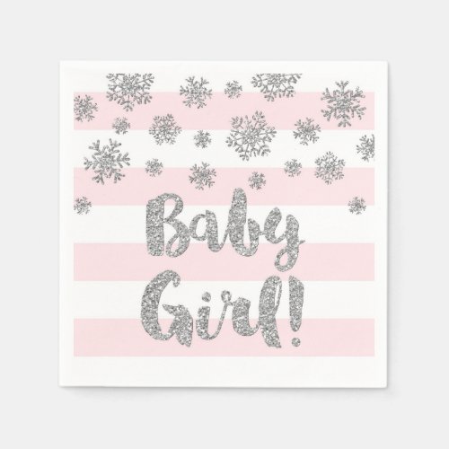 Baby Shower Pink Stripes Silver Snowflakes Paper Napkins