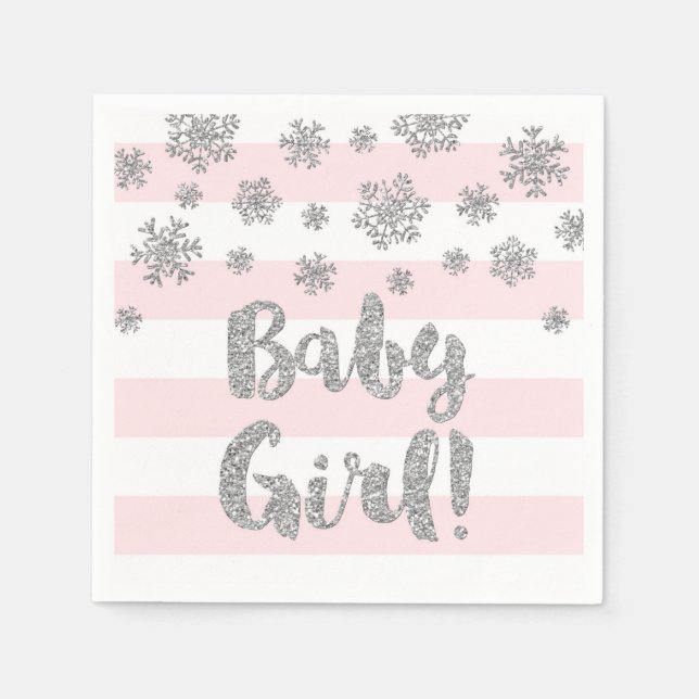 Baby Shower Pink Stripes Silver Snowflakes Paper Napkins (Front)