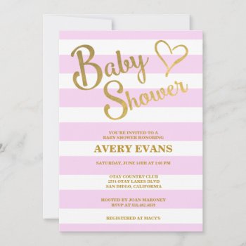 Baby Shower Pink Stripes With Gold Lettering Heart Invitation by GreenLeafDesigns at Zazzle