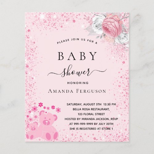 Baby shower pink teddy bear girl budget invitation flyer